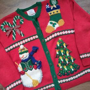 Vtg 90 Marisa Christina Classics 2-Sided Christmas Holiday Cardigan‎ Sweater L